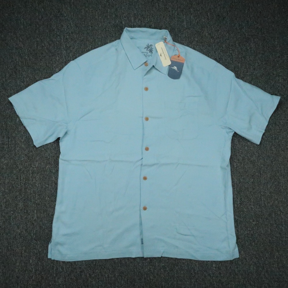 Tommy Bahama Shirt Men XL Blue Silk Havana Herringbone Short Sleeve Camp Button